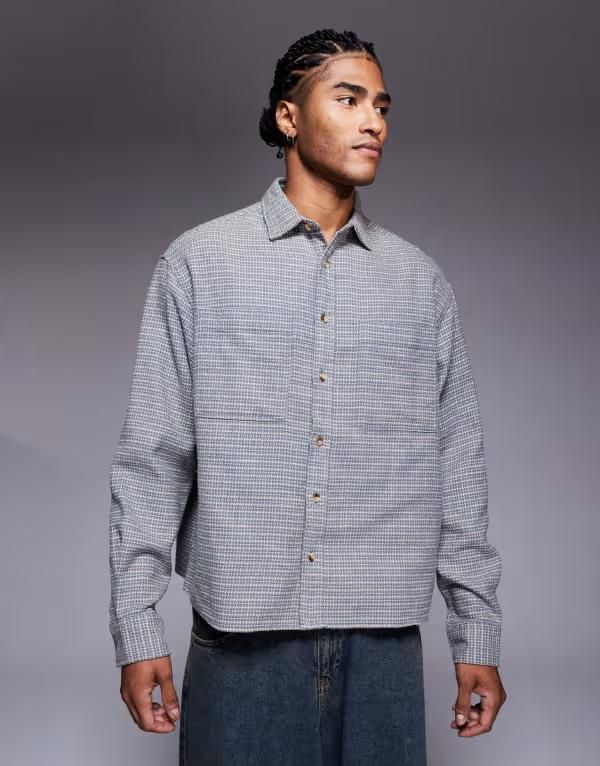エイソス メンズ トップス シャツ ウール ASOS DESIGN boxy oversized wool look plaid flannel shirt Gray グレー