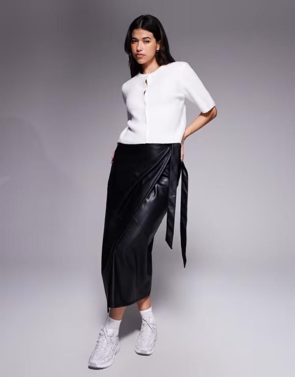 エイソス レディース ボトムス スカート ミディ レザー フェイクレザー ASOS DESIGN faux leather wrap midi skirt Black ブラック