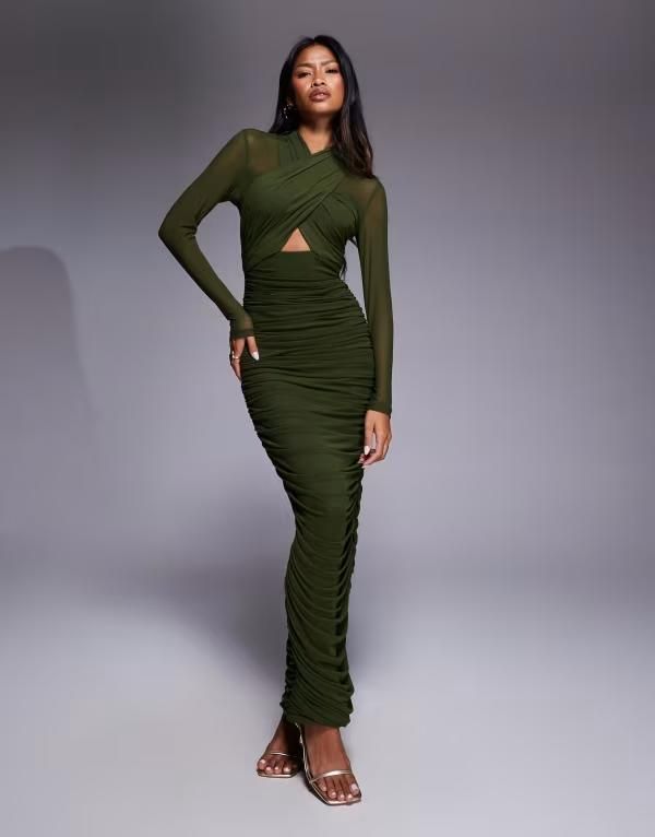 バードット レディース トップス ワンピース メッシュ ミディ Bardot Aliyah wrap mesh midi dress in dark Khaki カーキ