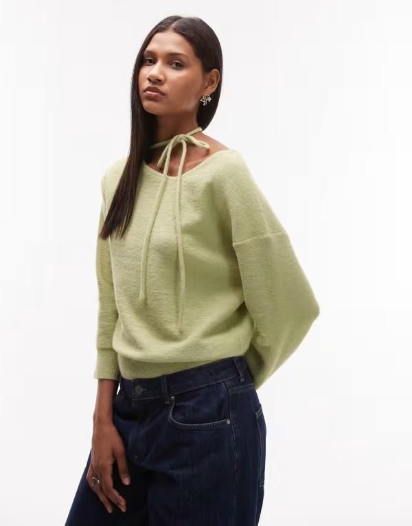 トップショップ レディース アウター ニット・セーター セーター ニット Topshop knit tie neck sweater Green グリーン の商品写真