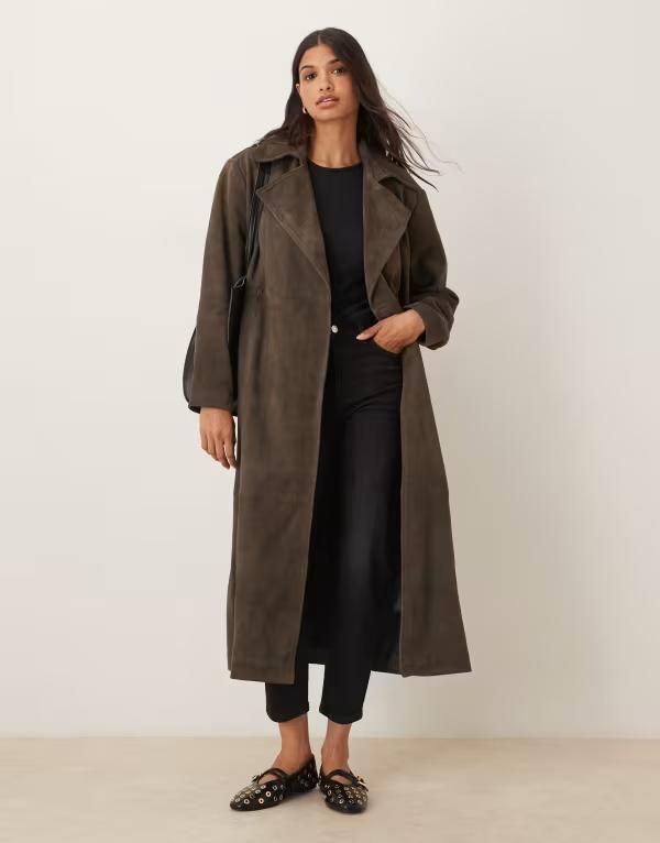 エイソス レディース アウター コート スエード ASOS DESIGN premium suede trench coat in dark olive Olive オリーブ
