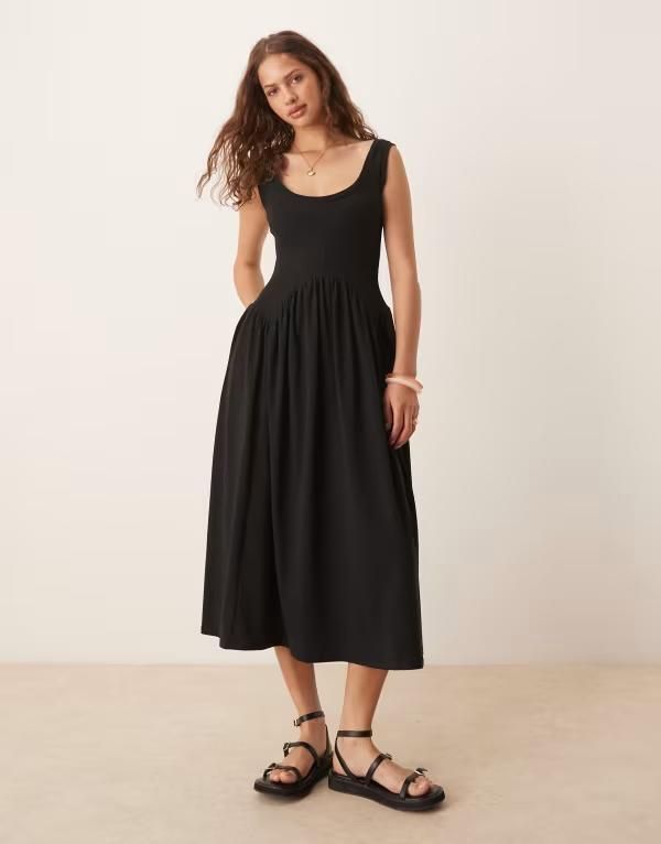 エイソス レディース トップス ワンピース ミディワンピース ミディ ASOS DESIGN scoop neck seam detailing dropped waist midi dress Black ブラック