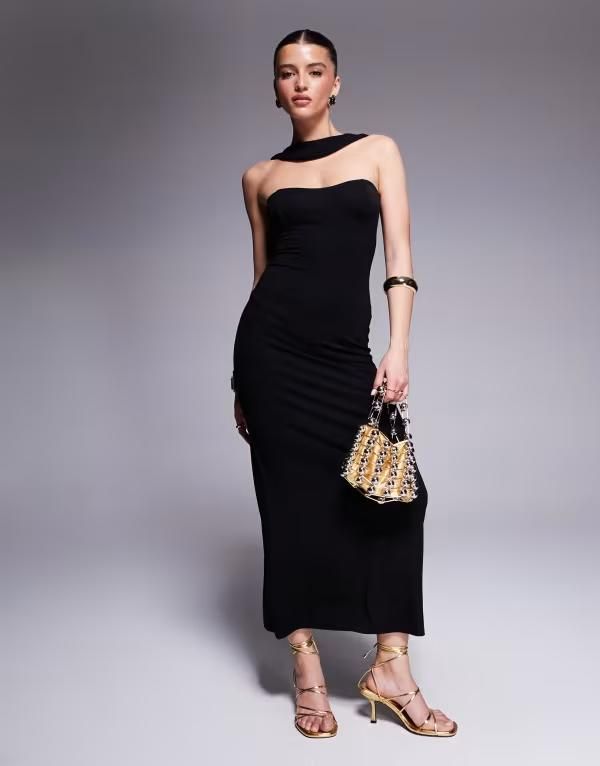 エイソス レディース トップス ワンピース マキシワンピース マキシ ASOS DESIGN sweetheart bandeau maxi dress with faux scarf straps Black ブラック
