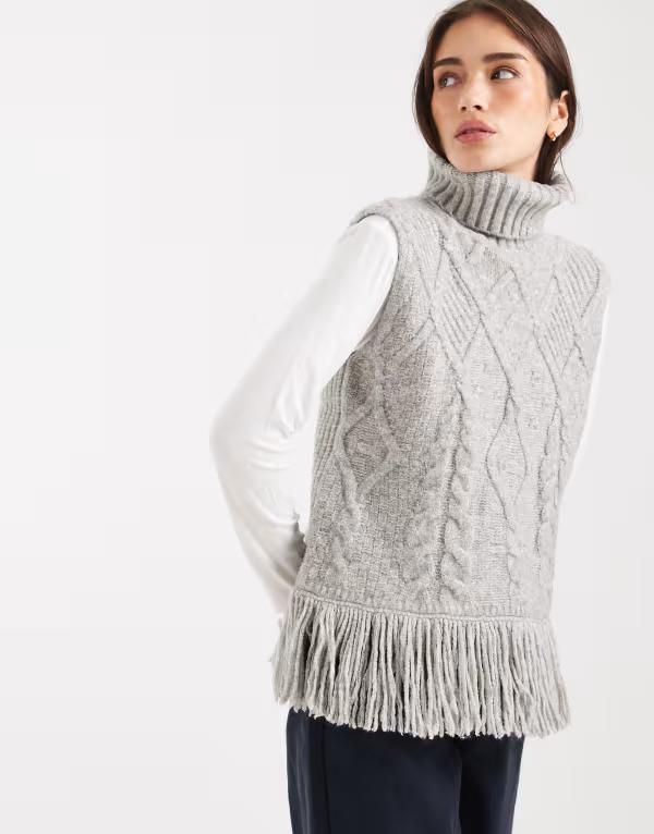 ミスセルフフリッジ レディース アウター ニット・セーター ニット フリンジ Miss Selfridge cable knit oversized fringe tank heather LIGHT GRAY MARL グレー