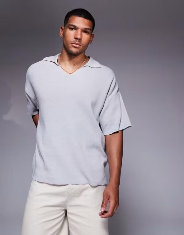 アダプト メンズ トップス ポロシャツ ニット ADPT oversized knit split neck polo in light High Rise グレー