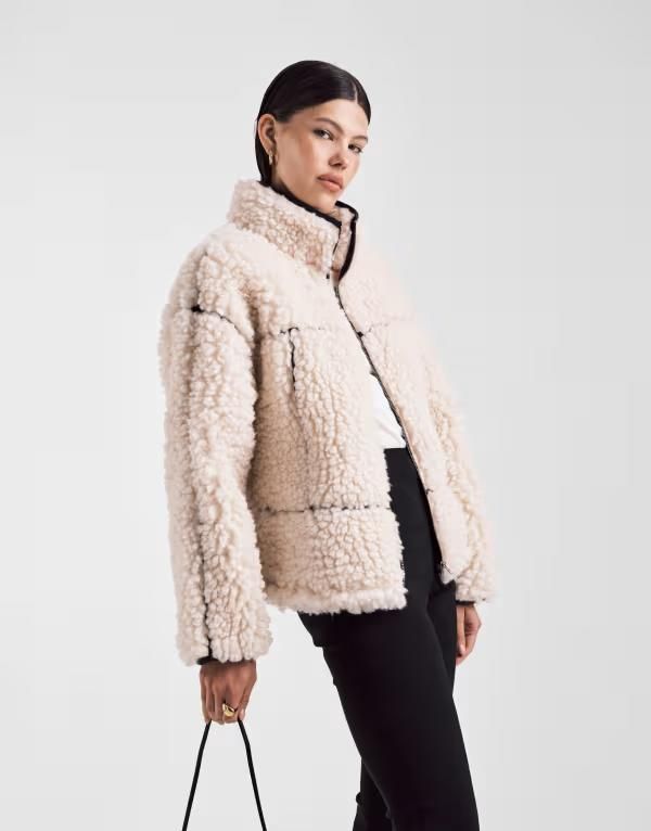 エイソス レディース アウター パーカー・スウェット フルジップ ASOS DESIGN high pile borg zip through in cream with PU trim detail CREAM クリーム
