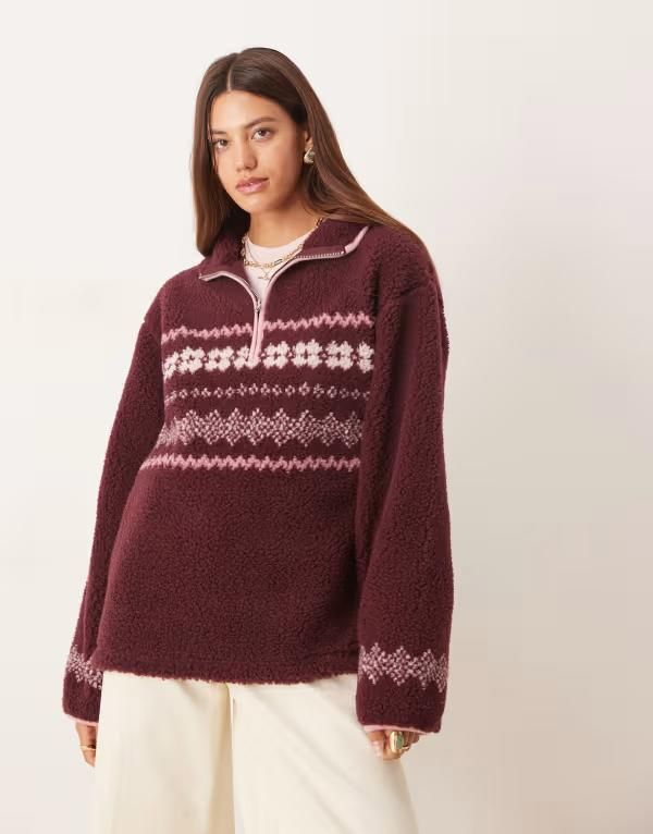 エイソス レディース アウター パーカー・スウェット ハーフジップ スウェット シャツ レース ASOS DESIGN teddy half zip sweatshirt with placement fairisle design in plum and P