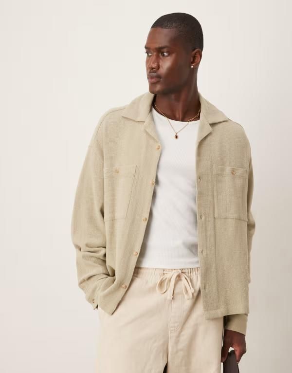エイソス メンズ トップス シャツ ASOS DESIGN boxy oversized textured shirt in sage SAGE GREEN グリーン