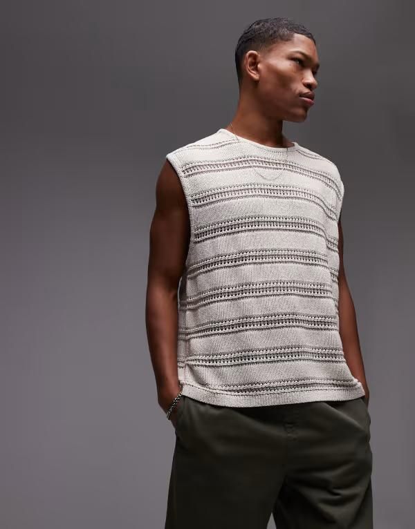 トップマン メンズ トップス ベスト トール Topman relaxed crochet tank with metallic yarn in stone STONE ストーン
