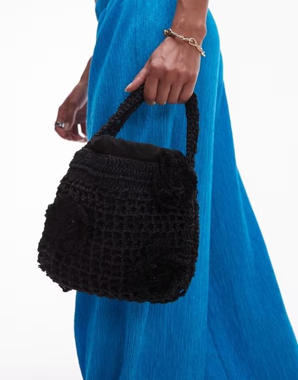 トップショップ レディース バッグ ハンドバッグ フラワー柄 フラワー Topshop Gea floral raffia grab bag Black ブラック