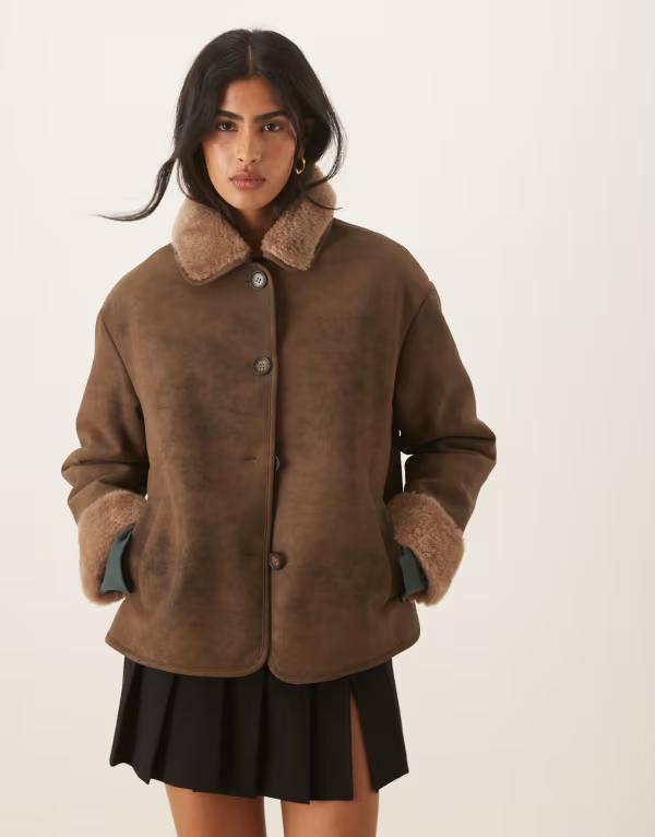 エイソス レディース アウター コート ASOS DESIGN top collar teddy car coat in mocha Brown ブラウン