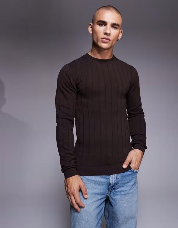 エイソス メンズ アウター ニット・セーター Tシャツ ニット ASOS DESIGN muscle fit long sleeve knit rib Tshirt BROWN ブラウン