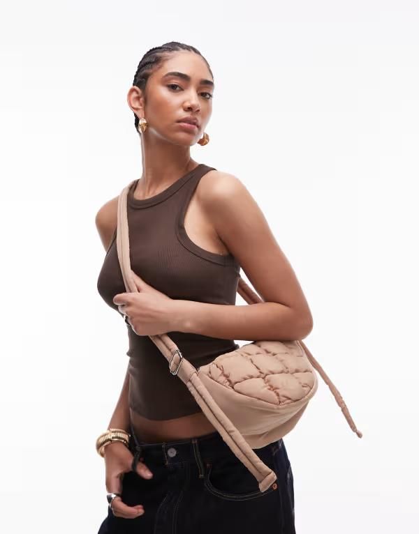 トップショップ レディース バッグ ショルダーバッグ キルティング ナイロン Topshop Callie scoop quilted nylon cross body bag in camel CAMEL キャメル