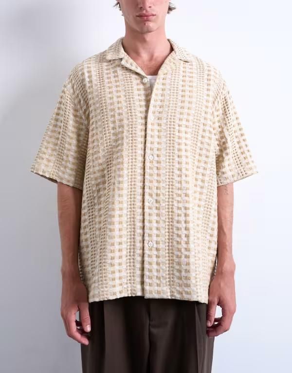 トップマン メンズ トップス シャツ リラックスフィット Topman relaxed fit short sleeve two tone textured shirt in stone PINK ピンク