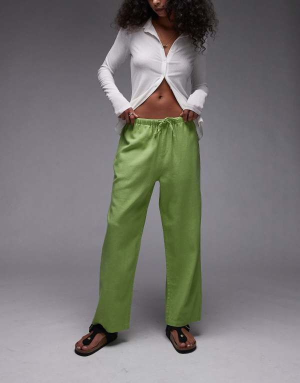 トップショップ レディース ボトムス カジュアルパンツ パンツ リネン Topshop mid rise linen blend awkward length pants green グリーン