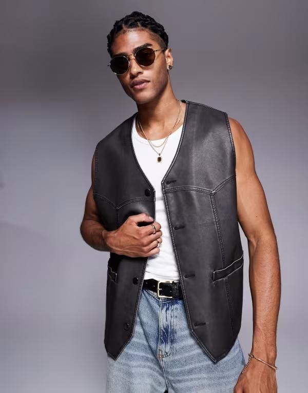 エイソス メンズ トップス タンクトップ ベスト レザー フェイクレザー ASOS DESIGN faux leather vest Black ブラック