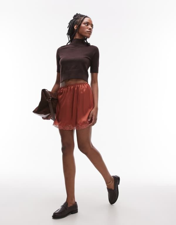 トップショップ レディース ボトムス スカート ミニ サテン コート レース Topshop satin lace petticoat mini skirt in chutney Chutney