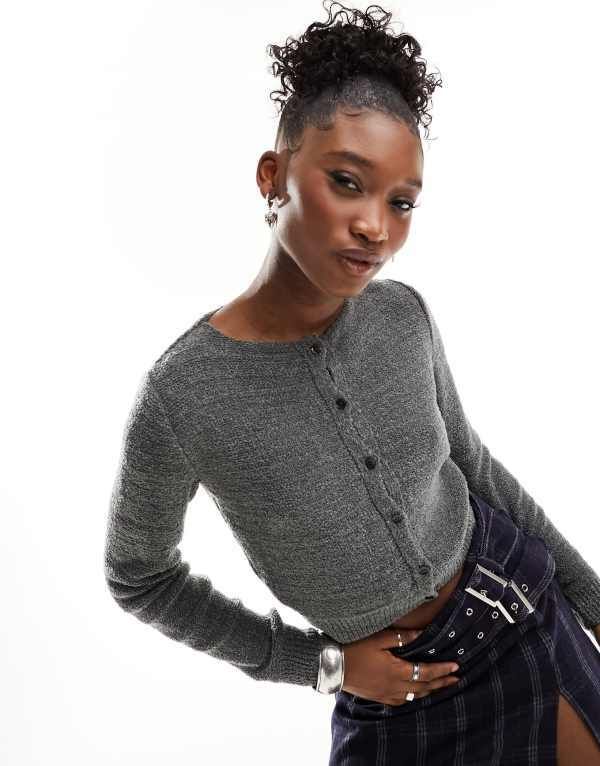 コルージョン レディース アウター カーディガン ニット COLLUSION knit textured fitted micro cardigan in light gray グレー