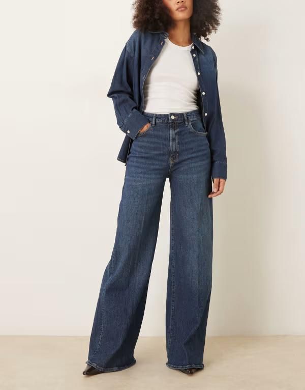 マンゴ レディース ボトムス デニムパンツ ワイドレッグ コットン ジーンズ Mango Elise cotton mix pleat front wide leg jeans in dark blue ブルー