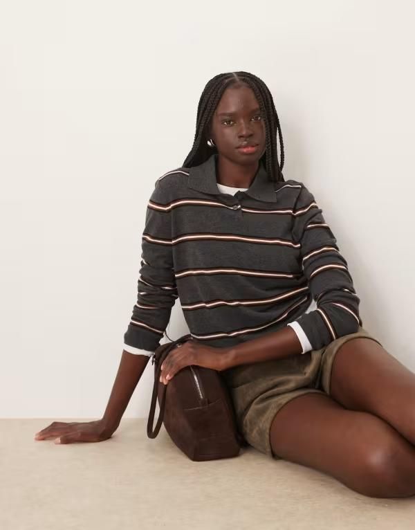 マンゴ レディース トップス ポロシャツ Mango long sleeve polo top stripe Gray グレー