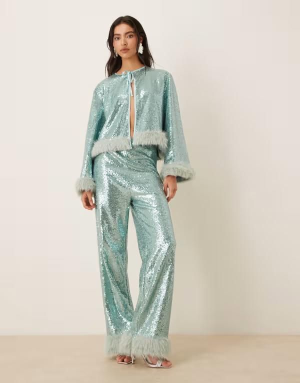 シスタージュン レディース ボトムス カジュアルパンツ スパンコール Sister Jane Disco Darling sequin faux fur trim pants part of a set GREEN グリーン