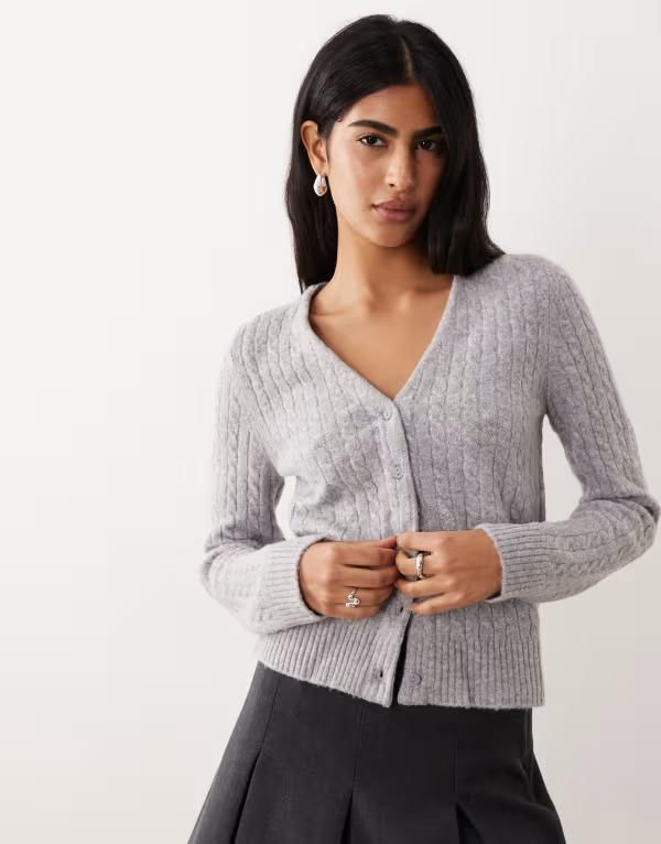 マンゴ レディース アウター カーディガン Vネック ニット Mango cable knit vneck cardigan Gray グレー