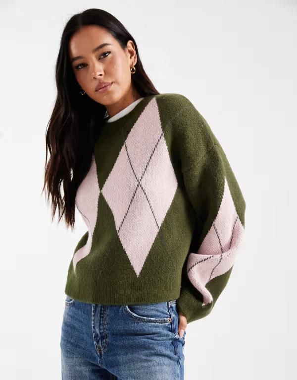 エイソス レディース アウター ニット・セーター ASOS DESIGN fluffy knit argyle sweater Khaki Green Argyle グリーン