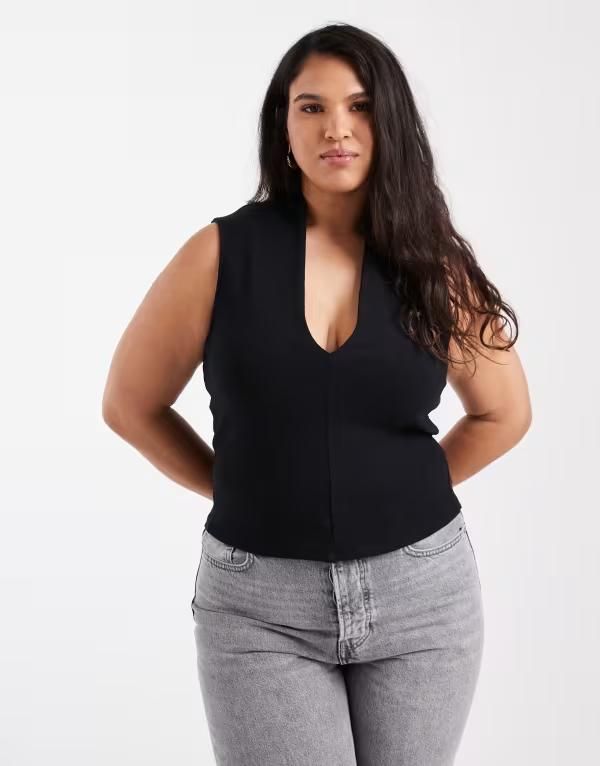 エイソス レディース トップス タンクトップ コットン ASOS Curve ASOS DESIGN Curve compact cotton plunge top Black ブラック