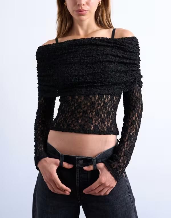 トップショップ レディース トップス Tシャツ レース Topshop lace deep fold bardot long sleeve top Black ブラック 8,380円