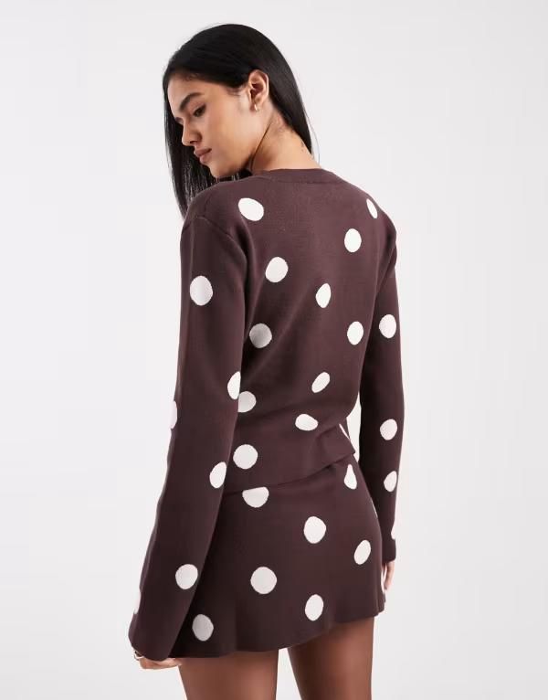 エイソス レディース アウター カーディガン ドット ニット ASOS DESIGN fine knit compact cardigan polka dots part of a set Brown polka dot ブラウン