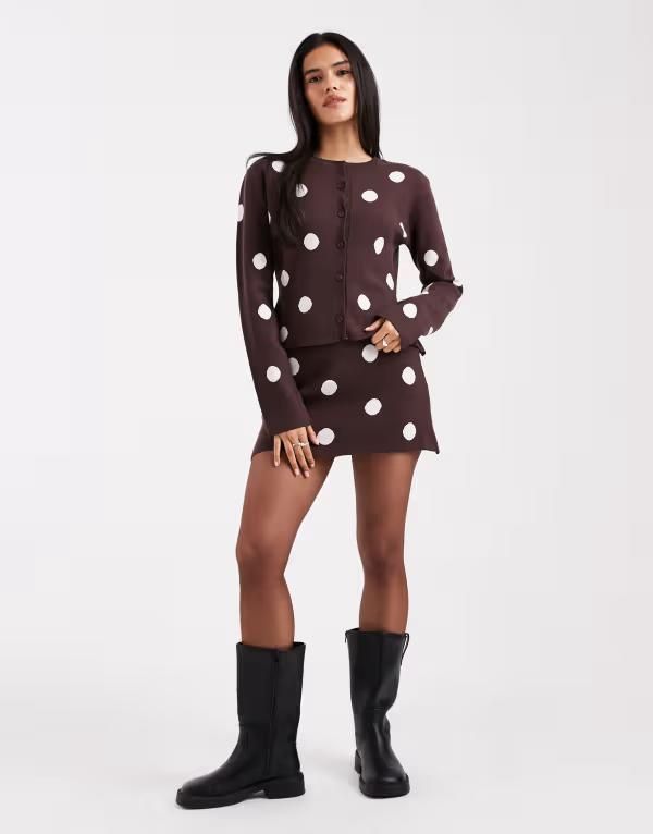 エイソス レディース アウター カーディガン ドット ニット ASOS DESIGN fine knit compact cardigan polka dots part of a set Brown polka dot ブラウン