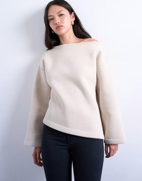 トップショップ レディース トップス Tシャツ アシンメトリー スウェット Topshop asymmetric off shoulder sweatshirt BEIGE ベージュ