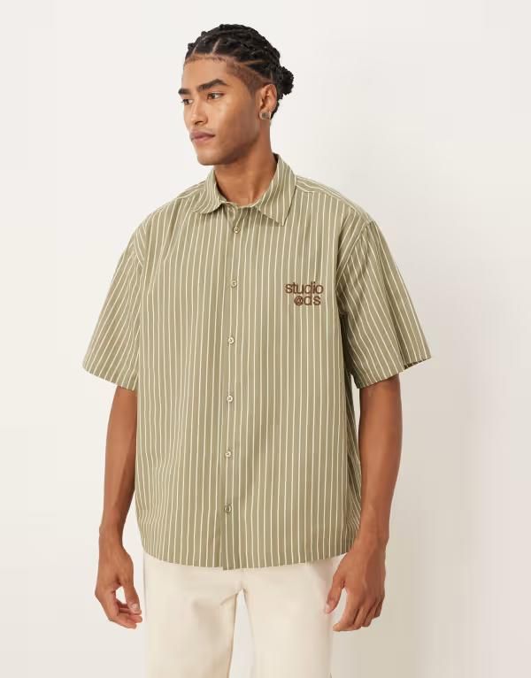 エイソス メンズ トップス シャツ ASOS DESIGN regular shirt stripe with chest embroidery Khaki カーキ