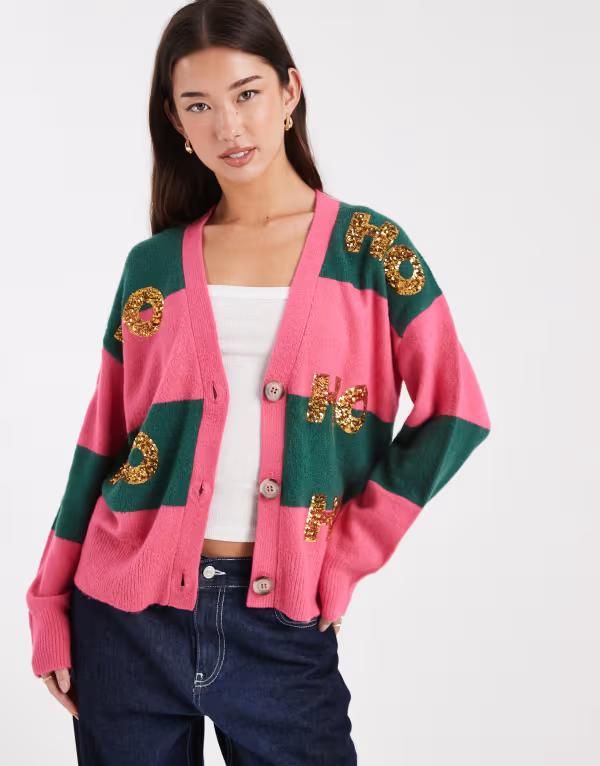 ブレーブソウル レディース アウター カーディガン スパンコール Brave Soul Christmastriped cardigan with sequin detailing and PINK ピンク