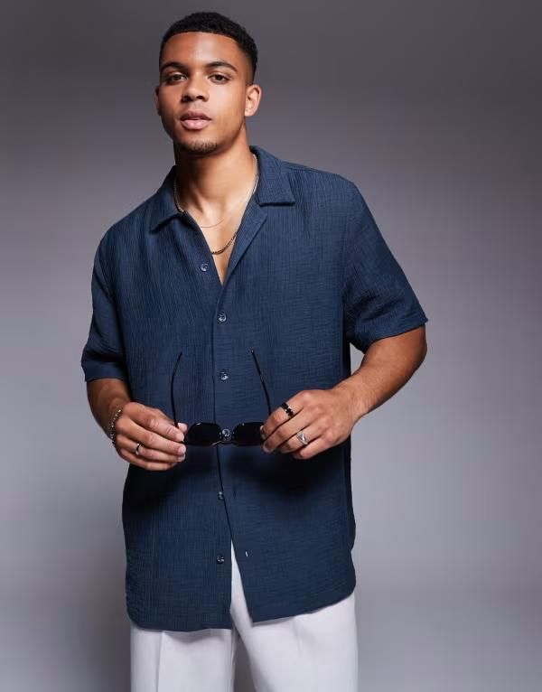 エイソス メンズ トップス シャツ ASOS DESIGN boxy oversized textured shirt NAVY ネイビー