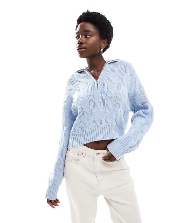 コットンオン レディース アウター ニット・セーター ハーフジップ セーター コットン ニット CottonOn Cotton On cotton cable knit half zip pullover sweater in serene Serene bl