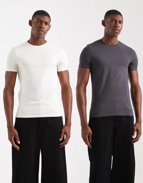 エイソス メンズ トップス Tシャツ ASOS DESIGN Essentials 2 pack muscle fitshirts in charcoal and CharcoalKhaki チャコール