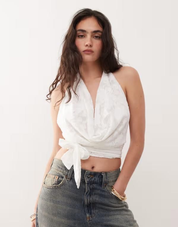 コルージョン レディース トップス Tシャツ ニット COLLUSION knit plunge neck top WHITE ホワイト