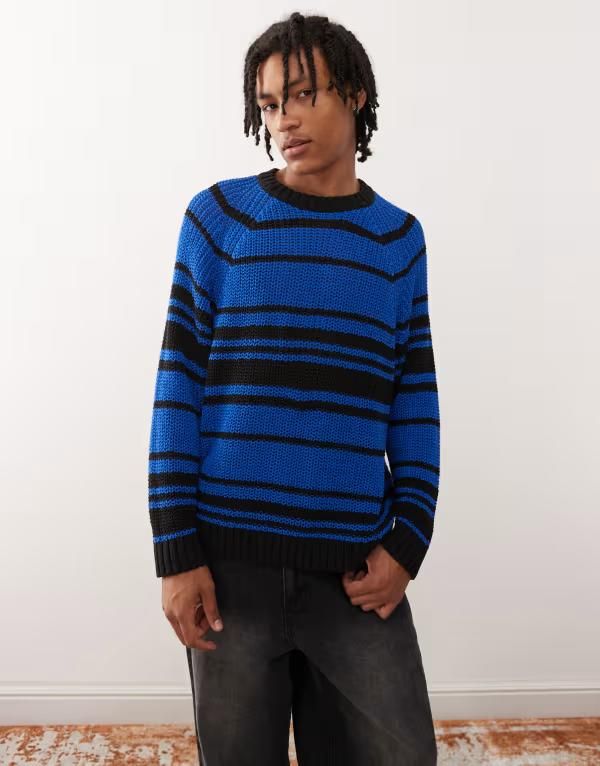 ウィークデイ メンズ アウター ニット・セーター セーター ニット Weekday oversized open knit sweater stripe Blue stripe ブルー 8,610円