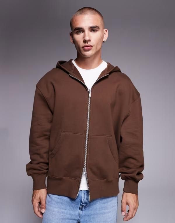 エイソス メンズ アウター パーカー・スウェット パーカー ASOS DESIGN premium heavyweight oversized zip up hoodie Carafe ブラウン