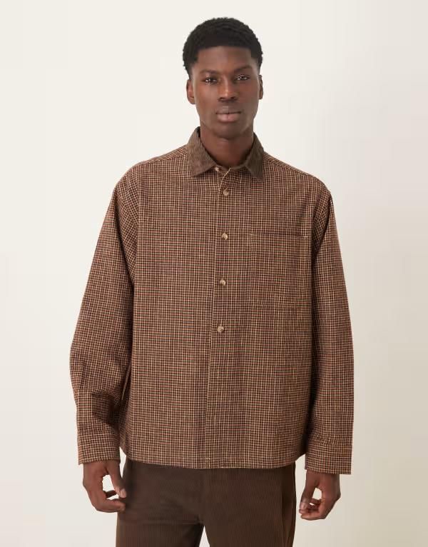 エイソス メンズ トップス シャツ ウール ASOS DESIGN oversized wool mix plaid shirt BROWN ブラウン