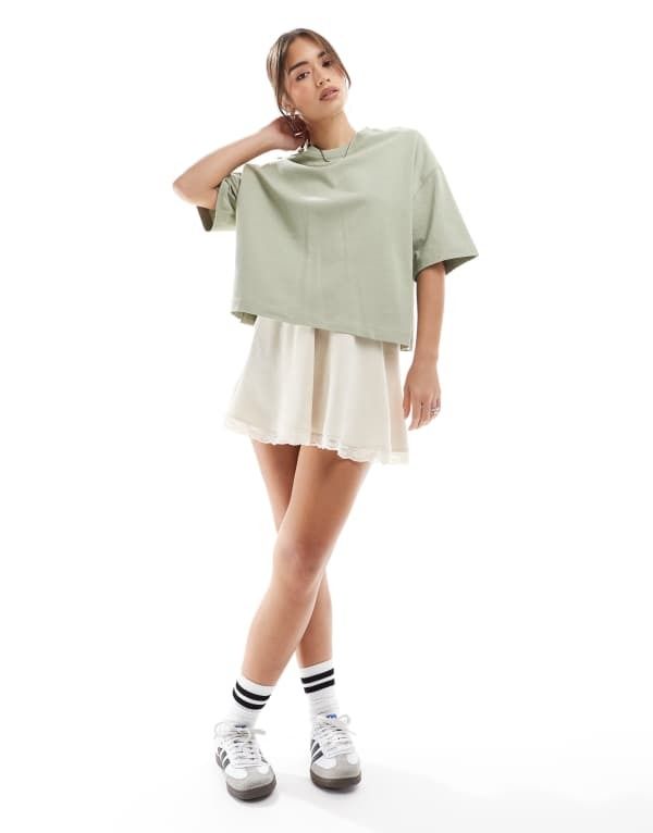 ミスセルフフリッジ レディース ボトムス スカート リブ ミニ レース Miss Selfridge soft ribbed lace underlay floaty mini skirt IVORY アイボリー