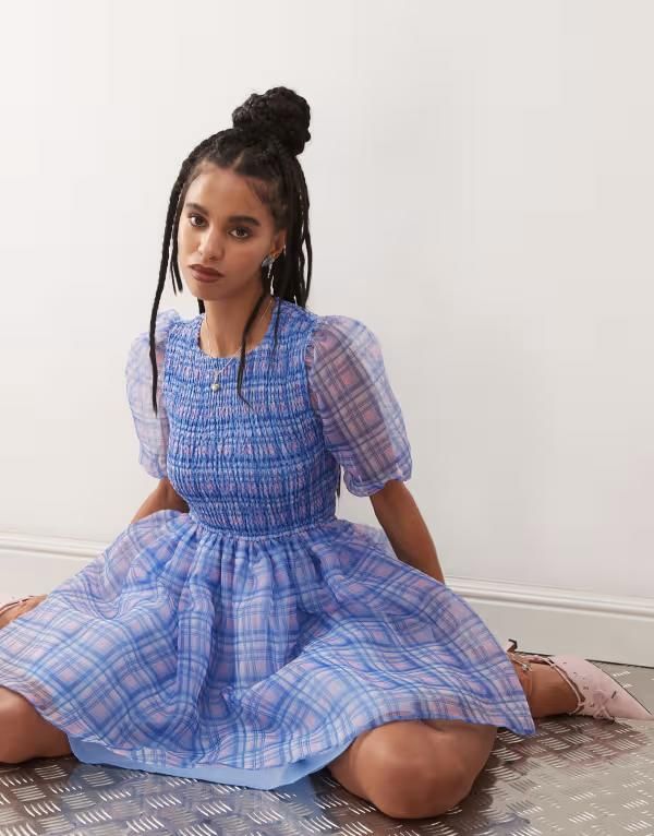 エイミー・リー レディース トップス ワンピース カットアウト ミニ Amy Lynn organza bubble mini dress with cut out back plaid Purple Check パープル｜その他
