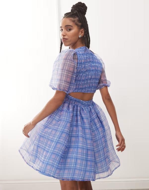 エイミー・リー レディース トップス ワンピース カットアウト ミニ Amy Lynn organza bubble mini dress with cut out back plaid Purple Check パープル｜その他