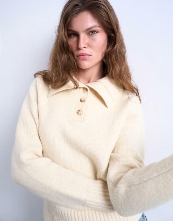 トップショップ レディース アウター ニット・セーター ポロシャツ セーター ニット Topshop knit heavyweight compact polo sweater in ecru White ホワイト