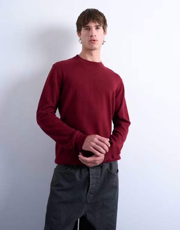 トップマン メンズ アウター ニット・セーター クルーネック ウール Topman essential crew neck with wool Burgundy バーガンディ
