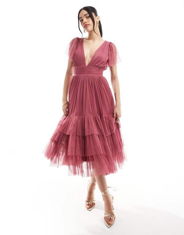 レース アンド ビーズ レディース トップス ワンピース ミディワンピース ミディ Lace Beads Bridesmaid Madison midi dress in orchid Orchid