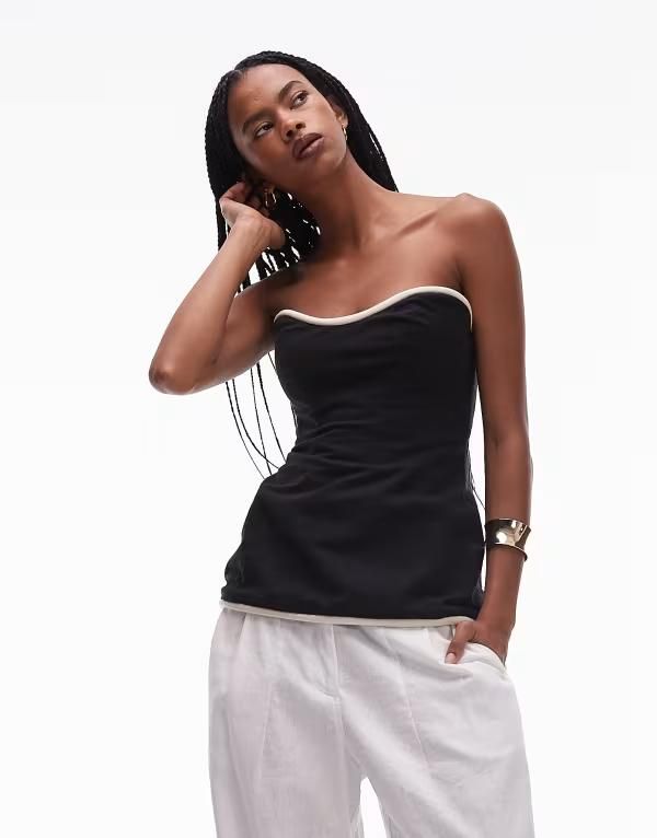 トップショップ レディース トップス タンクトップ Topshop bandeau top with white tubing Black ブラック