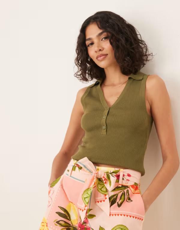 ジェイディーワイ レディース トップス Tシャツ ポロシャツ リブ ノースリーブ JDY ribbed sleeveless polo shirt Khaki カーキ