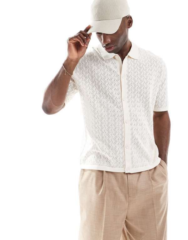 ジャック アンド ジョーンズ メンズ トップス シャツ ニット Jack Jones button through shirt in knit crochet in cream Sea salt クリーム